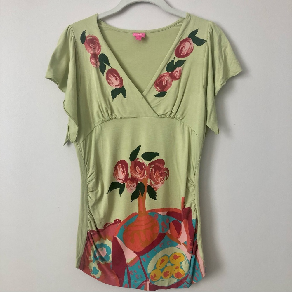 Oilily Rare Light Green Floral V-Neck Rose Motif Blouse Casual Women’s Size S